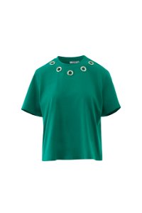 KIWE - Short Sleeve Dark Green Blouse with Bicycle Neck and Eyelet Details
