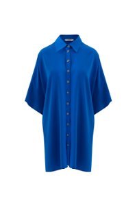 KIWE - Önü Metal Düğmeli Duble Truvakar Kollu Yanları Yırtmaçlı Koyu Mavi Elbise 