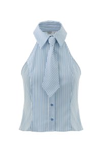 GIZIA CLASSIC - Gömlek Yakalı Kravatlı Omuz Açık Çizgili Lacivert Bluz