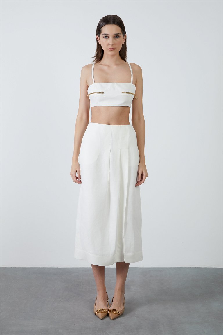GIZIA - Ecru Linen Skirt with Front Panel Pleats and Slit Detail