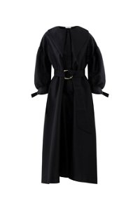 GIZIA - Wide Collar Belted Midi Length Black Dress