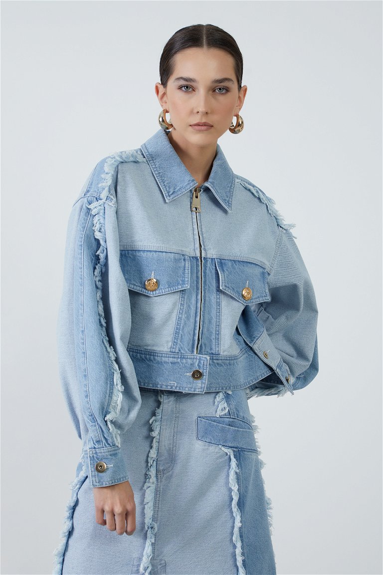 GIZIA - Two-Tone Blue Denim Jacket with Fringe Detail on Sleeve
