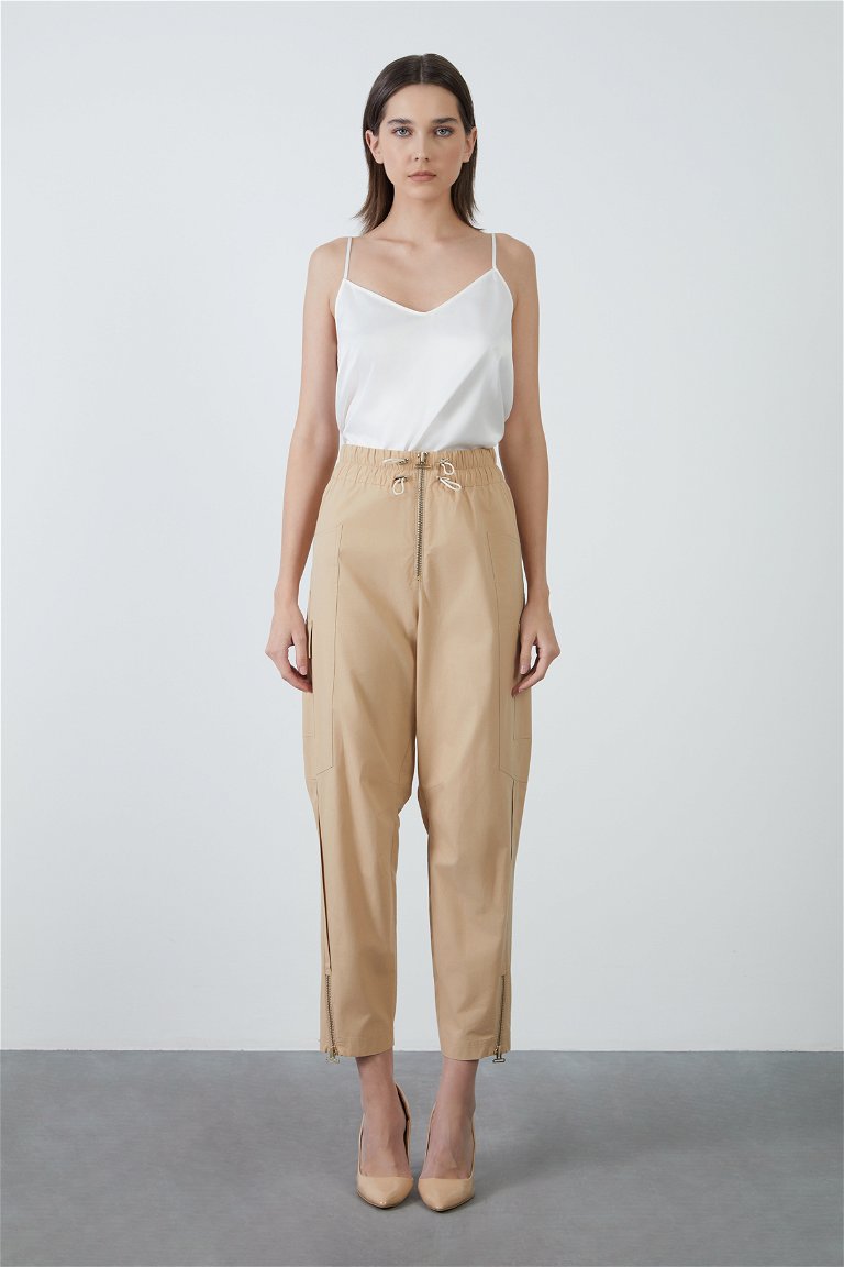 GIZIA - Beige Pants with Double Cord Detail and Zipper