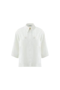 KIWE - Metal Aksesuarlı Truvakar Kol Beyaz Oversize Bluz