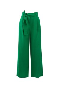 GIZIA - Kuşaklı Bol Paça Keten Yeşil Pantolon