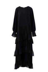 GIZIA - Düğme Detaylı Etekucu Piliseli Siyah Uzun Elbise