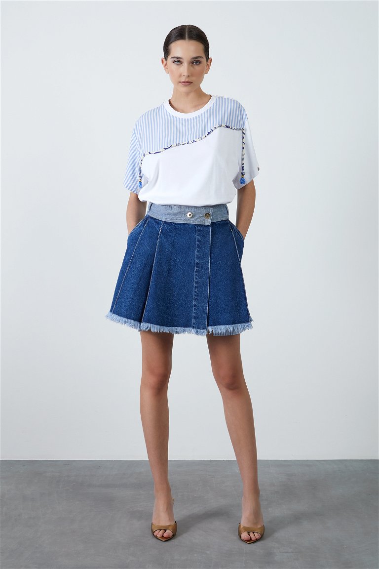 GIZIA - Mini Navy Blue Denim Skirt with Fringed Hem