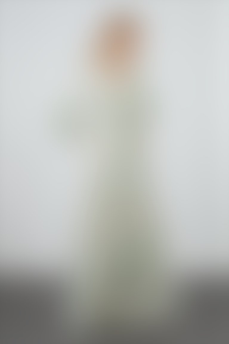 Uzun Kollu V Yaka Uzun Çiçek Desenli Ekru Elbise