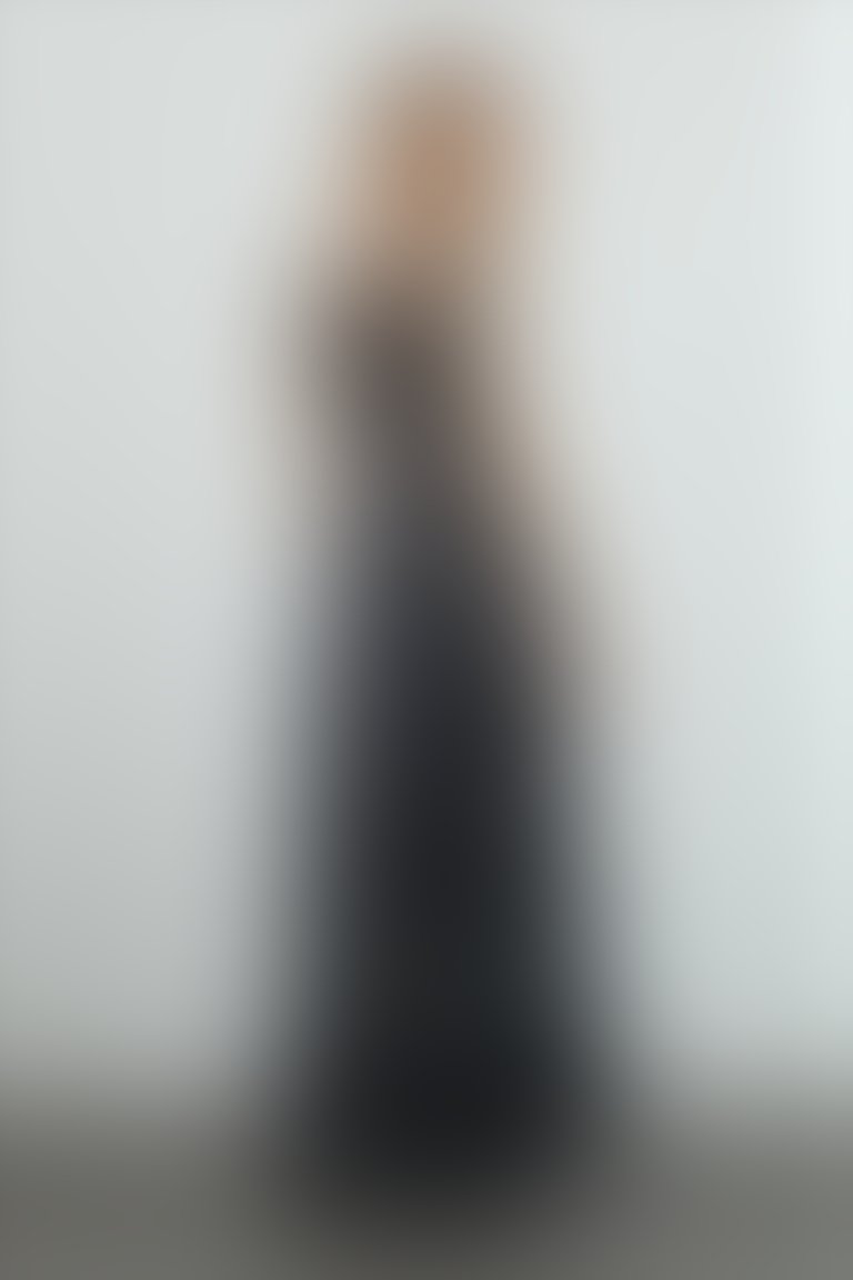 Sleeveless V-Neck Polka Dot Sequined Waist-Belted Long Black Evening Dress