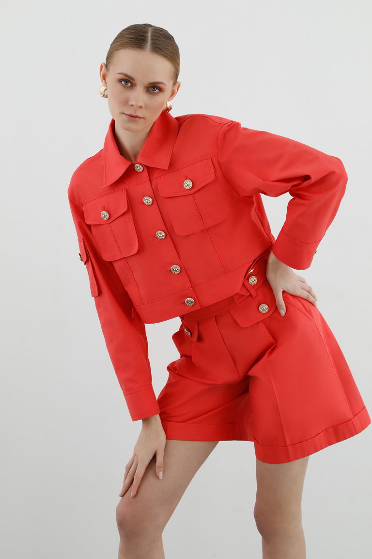 GIZIA - Short Box Cut Red Jacket with Button Detail