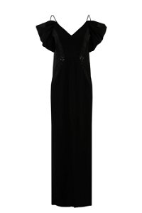 GIZIA - Chiffon Garnish Shoulder Detailed Slit Long Black Dress