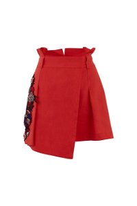 GIZIA - Embroidery Detailed Coral Linen Short Skirt