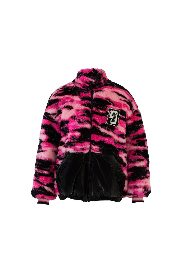 GIZIA SPORT - Patterned Plush Fur Detailed Pink Inflatable Coat