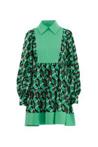 GIZIA - Contrast Detailed Pleated Mini Green Dress