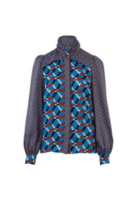 GIZIA - Mix Match Geometrik Desen Mavi Şifon Bluz