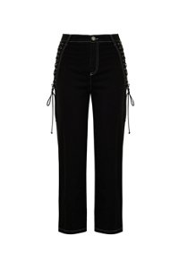 GIZIA - Belde Nakış Bağcık Detaylı Yüksek Bel Siyah Jean