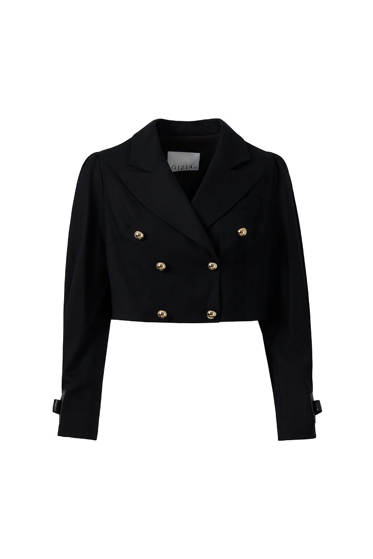 GIZIA - Buttoned And Leather Buckle Detailed Crop Blazer Black Jacket