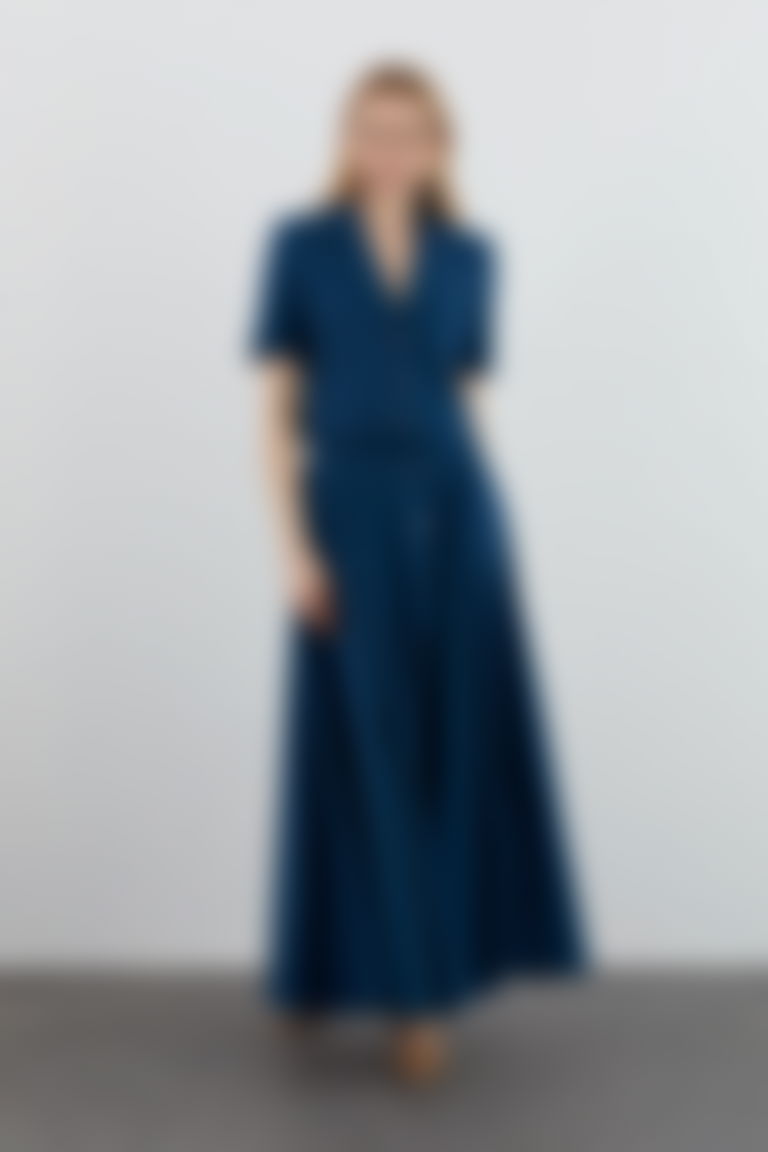 Dark Blue Suit Dress with Short Sleeve Crop Jacket and Flared Skirt with Belt Detail