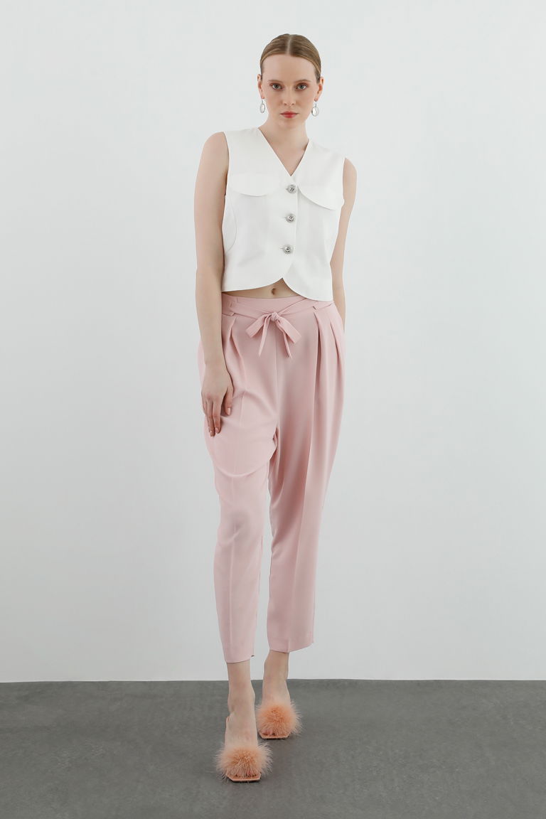 GIZIA - Pink Pants with Front Pleated and Tie-Up Belt Detail