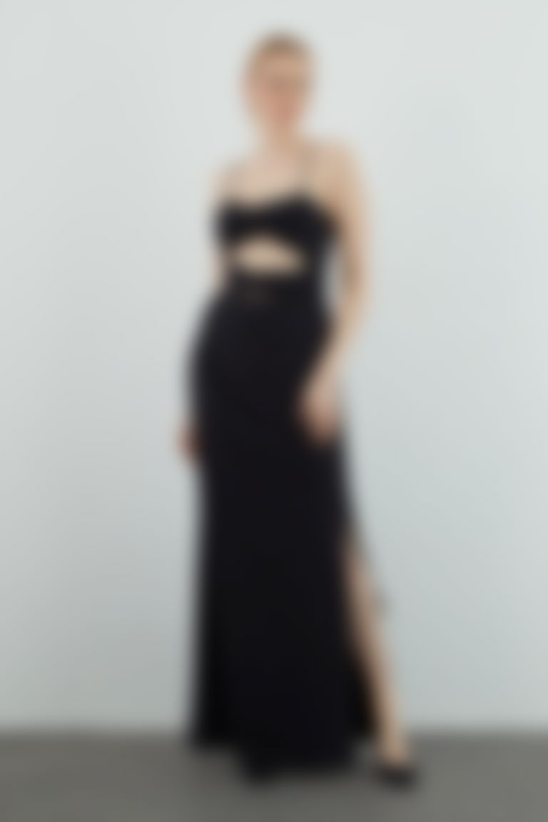 Black Strapless Dress with Windowpane Detail