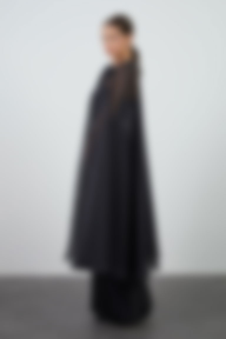 Belt Embellished Long Black Dress With Cape 