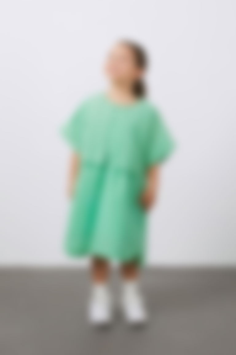 Rüzgarlık Esprili Mint Rengi Kısa Kollu Kız Çocuk Koton Elbise