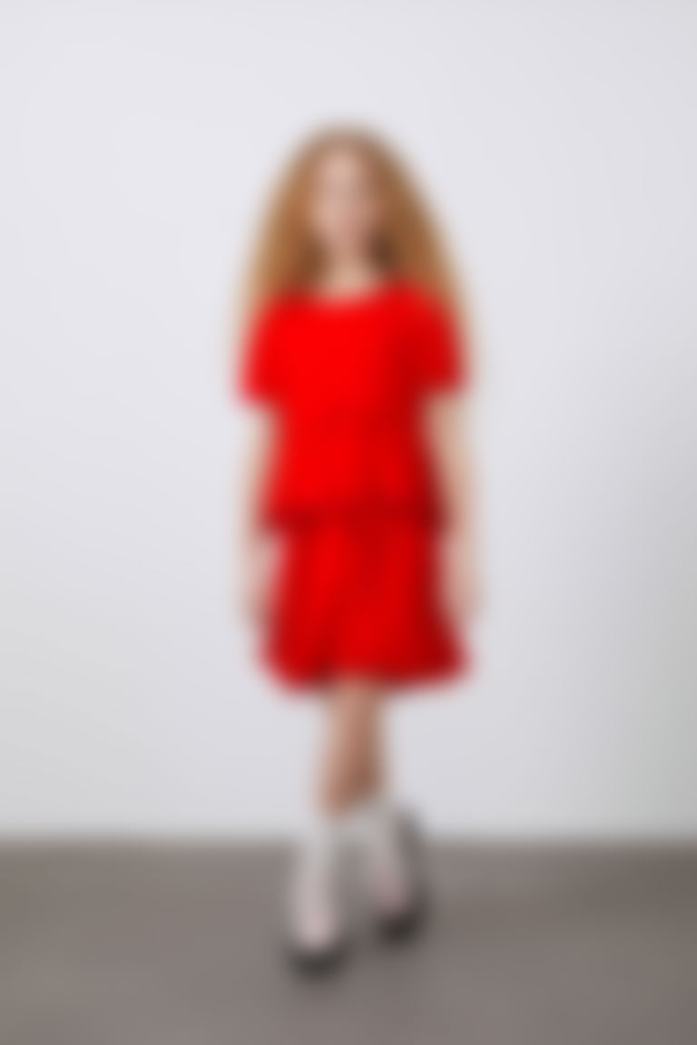 Fiyonklu ve Dökümlü Kırmızı Kız Çocuk Elbise