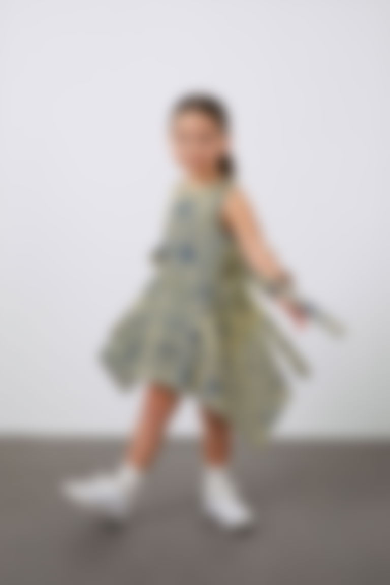 Desenli Kolsuz Kız Çocuk Lacivert Elbise