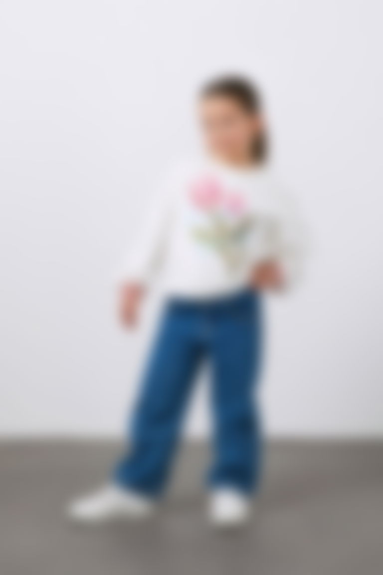 Nakış Ve Triko Detaylı Kız Çocuk Ekru Sweatshirt