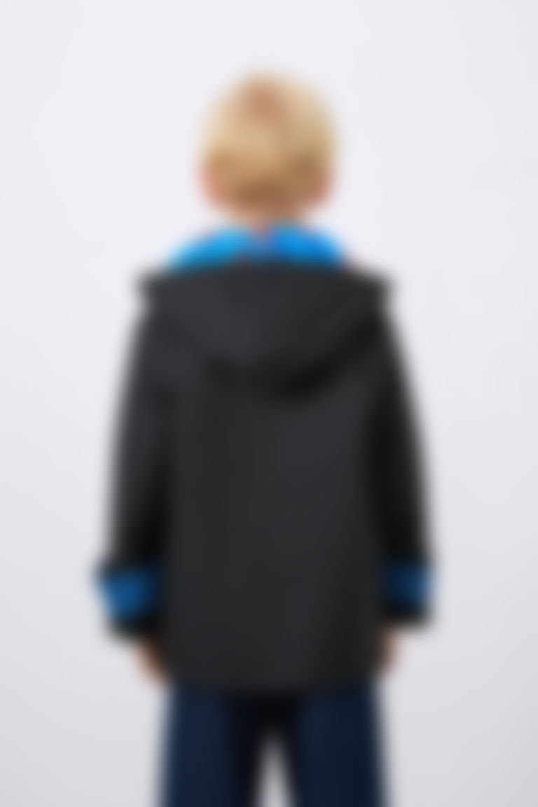 Black Boy's Raincoat with Patterned Inner Lining and Removable Hood