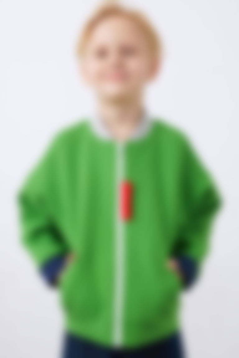Green Boy's Bomber Jacket with Colorful Garni and Zipper Detail
