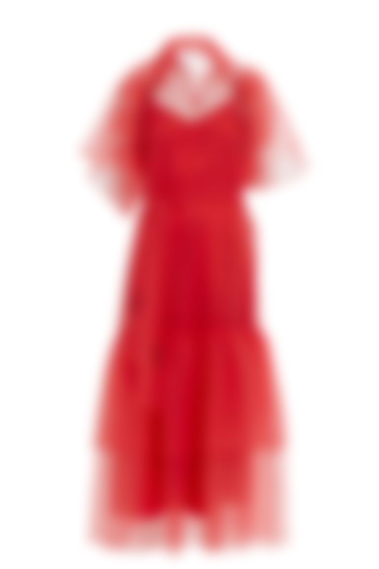 Tül Detaylı Uzun İşlemeli Kırmızı Elbise