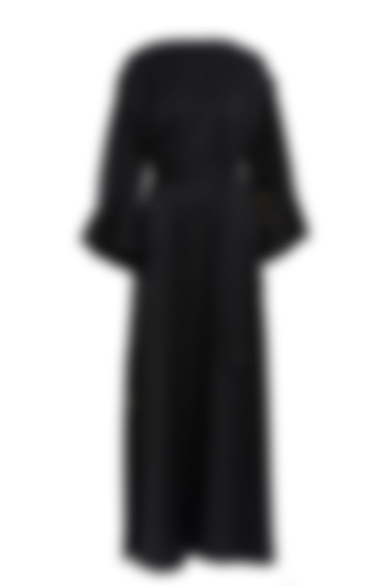 İşleme Kordon Detaylı Kuşaklı Siyah Elbise