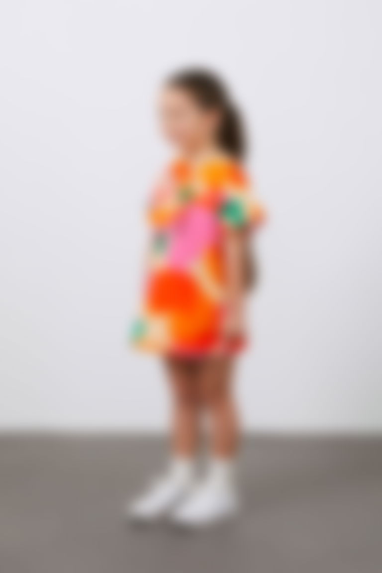 Pili Detaylı Desenli Pembe Kısa Kollu Kız Çocuk Koton Elbise