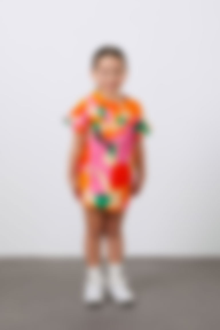 Pili Detaylı Desenli Pembe Kısa Kollu Kız Çocuk Koton Elbise
