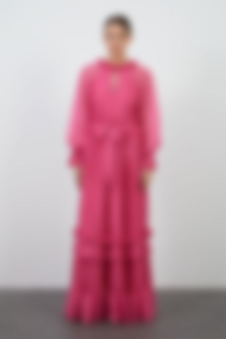 İşleme Detaylı Fırfırlı Piliseli Pembe Elbise