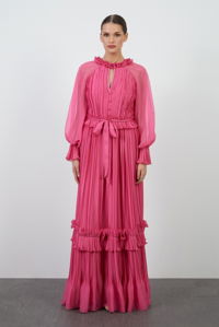 GIZIA - Embroidered Detail Ruffled Pleated Pink Dress
