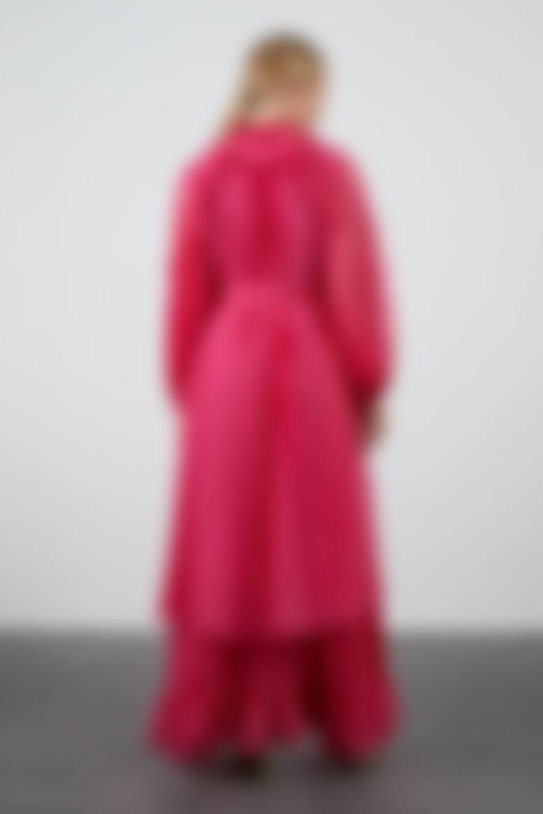 Ruffle Detailed Long Pink Chiffon Dress
