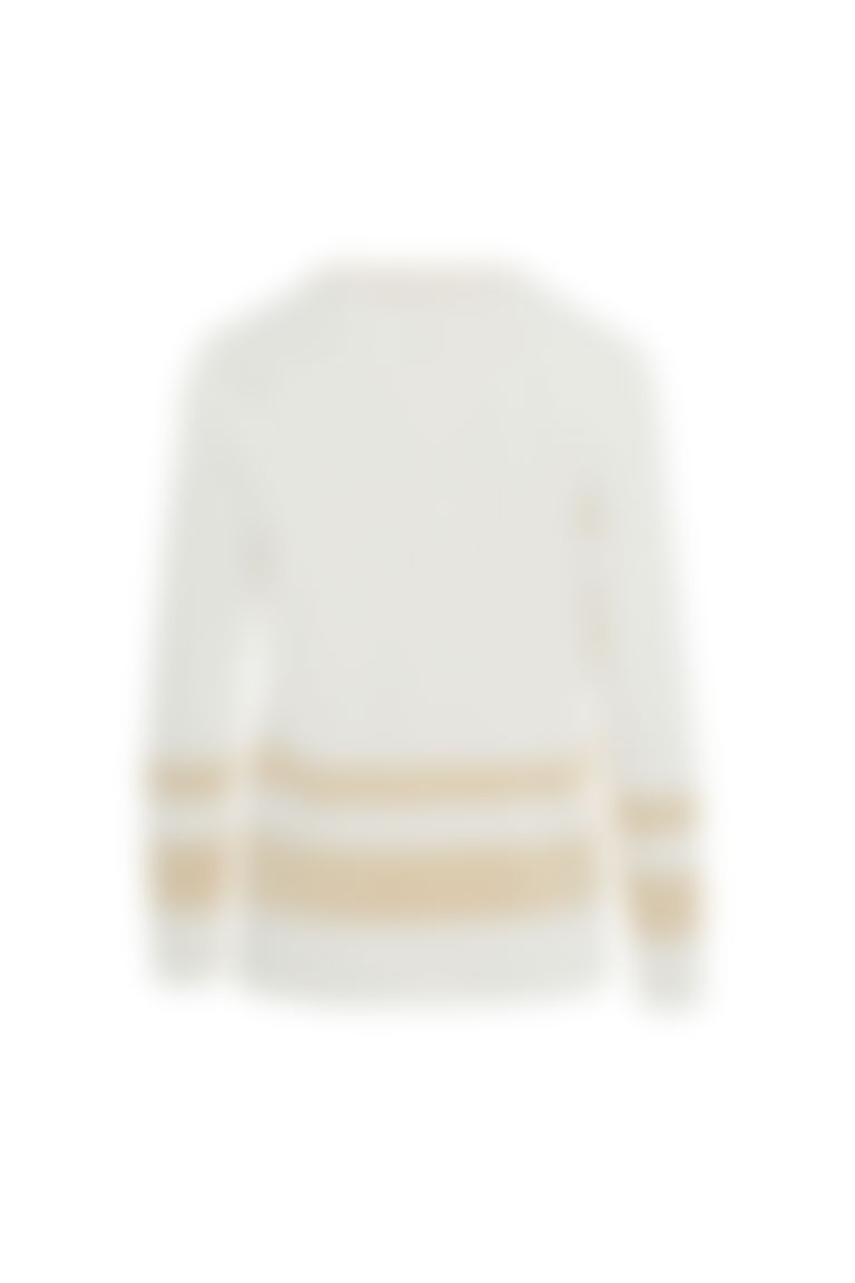 Off-White Knit Cardigan with Beige Stripes and Gold Button Detail