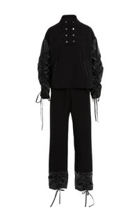 KIWE - Kolları Büzgülü Bağlamalı Kordonlu Bluz Ve Pantolonlu Siyah Takım