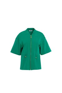 KIWE - Metal Fermuarlı Beli Ayarlamalı Kısa Kollu Yeşil Bluz