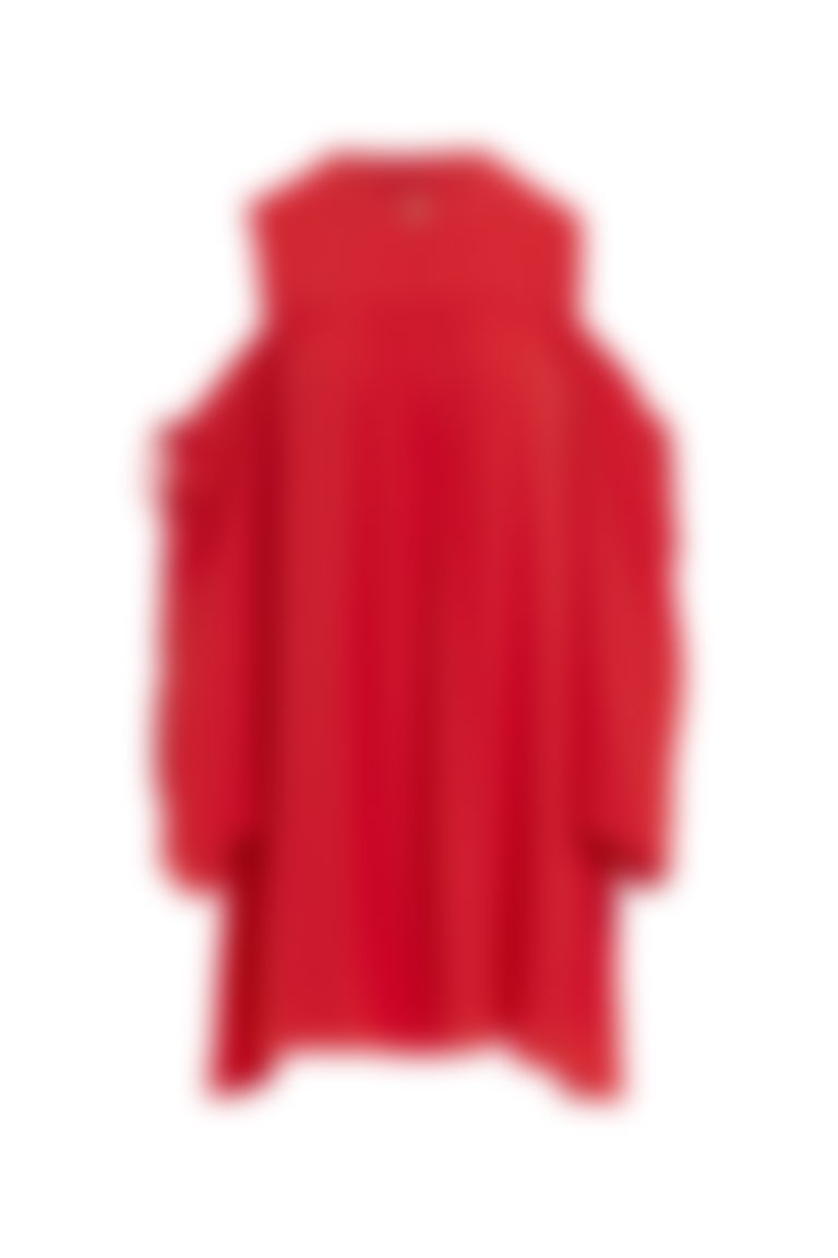 Omuzları Pencere Detaylı Göğsü Büzgülü Kol Bağlamalı Kırmızı Elbise
