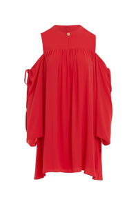 KIWE - Red Dress with Shoulder Window Detail and Ruched Bodice