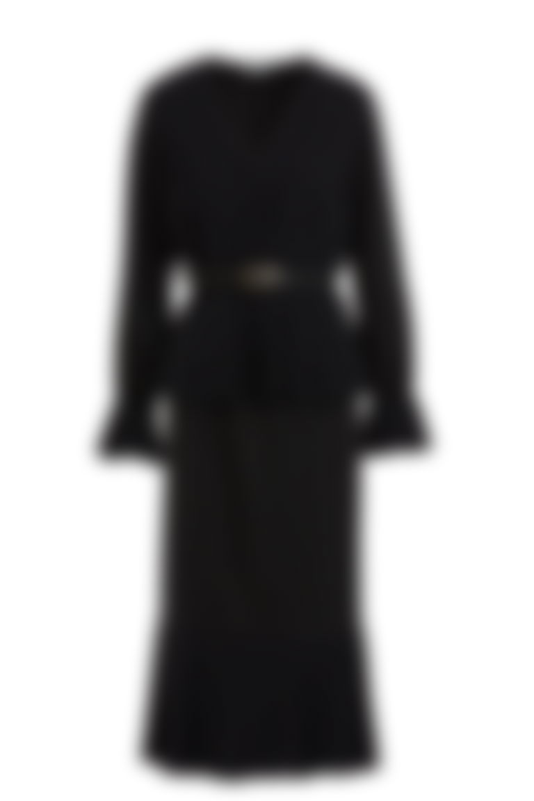 Belted Pleated Skirt and V-neck Blouse Black Set
