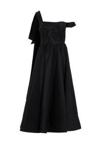 GIZIA - Shoulder Tie Pleat Detail Embroidered Black Maxi Dress