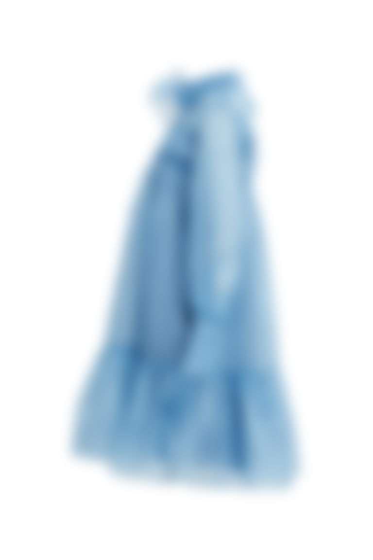 Transparent Blue Dress with Removable Flower Detail and Ruched Hem