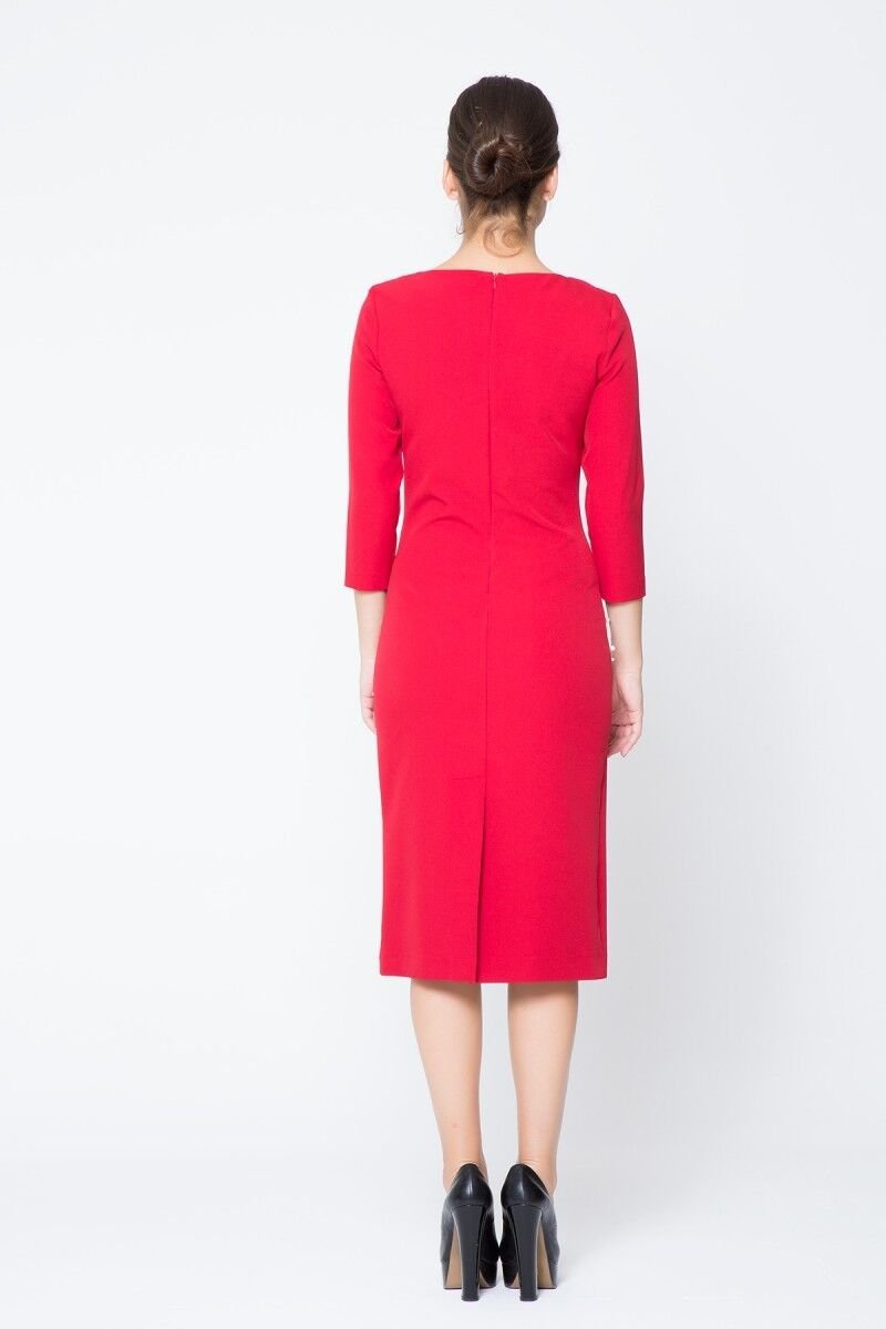 İnci Detaylı Uzun Kol Kırmızı Midi Elbise