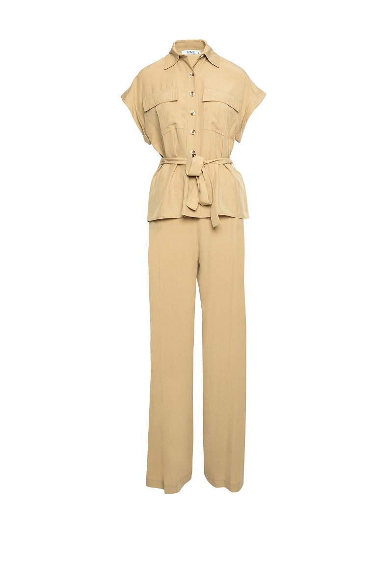 KIWE - Brown Suit With Double Pocket Flap, Comfortable Shirt Trousers With Waist Closure